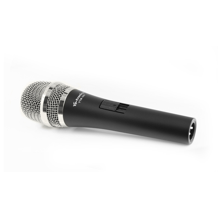 A black microphone sits against a clean white background, emphasizing its sleek, streamlined design.。